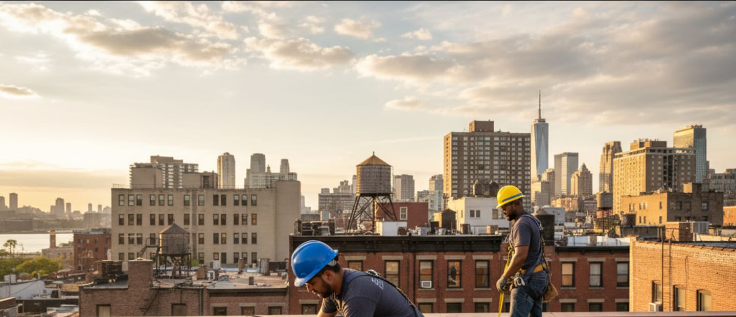 Panoramic view of Greenpoint, Brooklyn skyline with a focus on modern and historic rooftops.