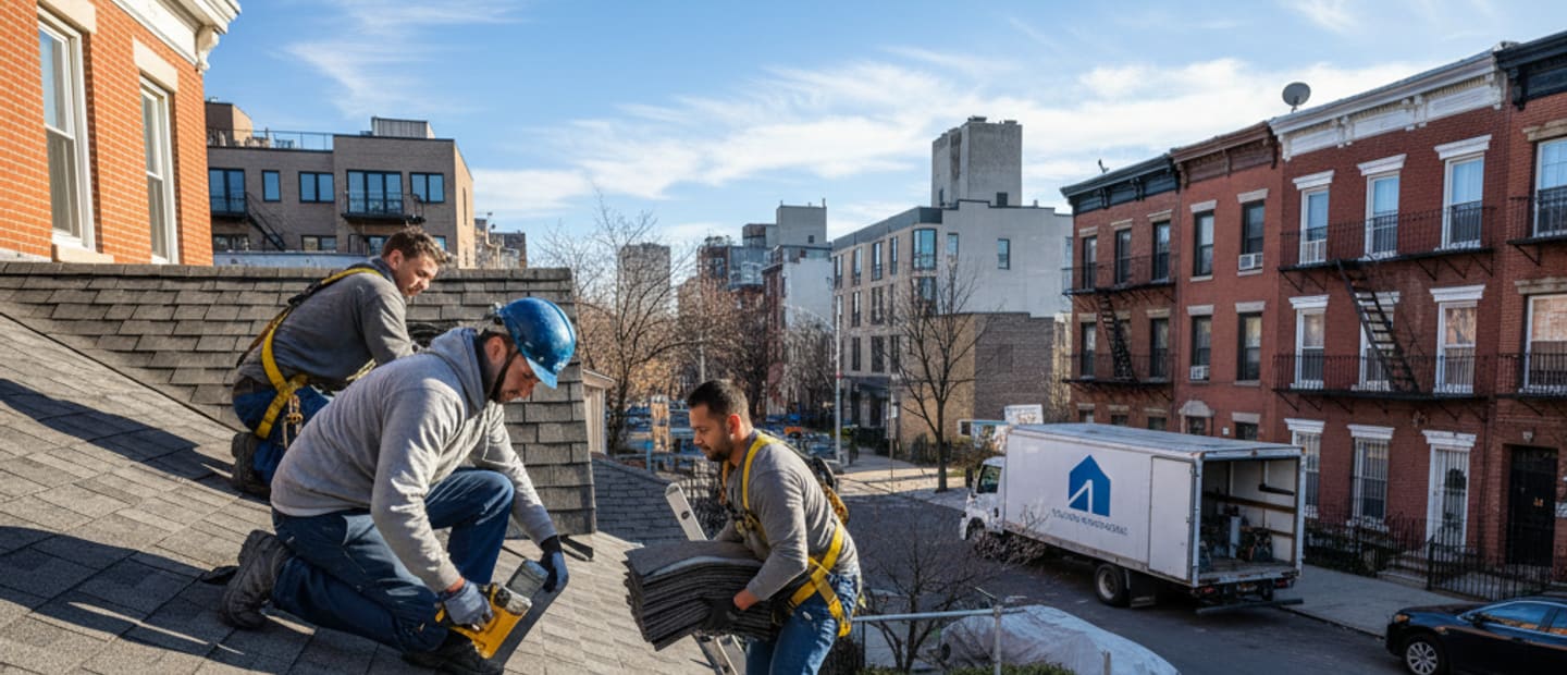 A skilled roofer installing new shingle roofing on a house in Williamsburg, Brooklyn under a clear sky.