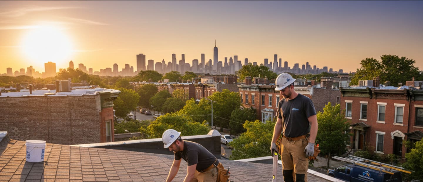 Roof repair specialist inspecting a shingle roof in Bedford-Stuyvesant with Brooklyn skyline in background