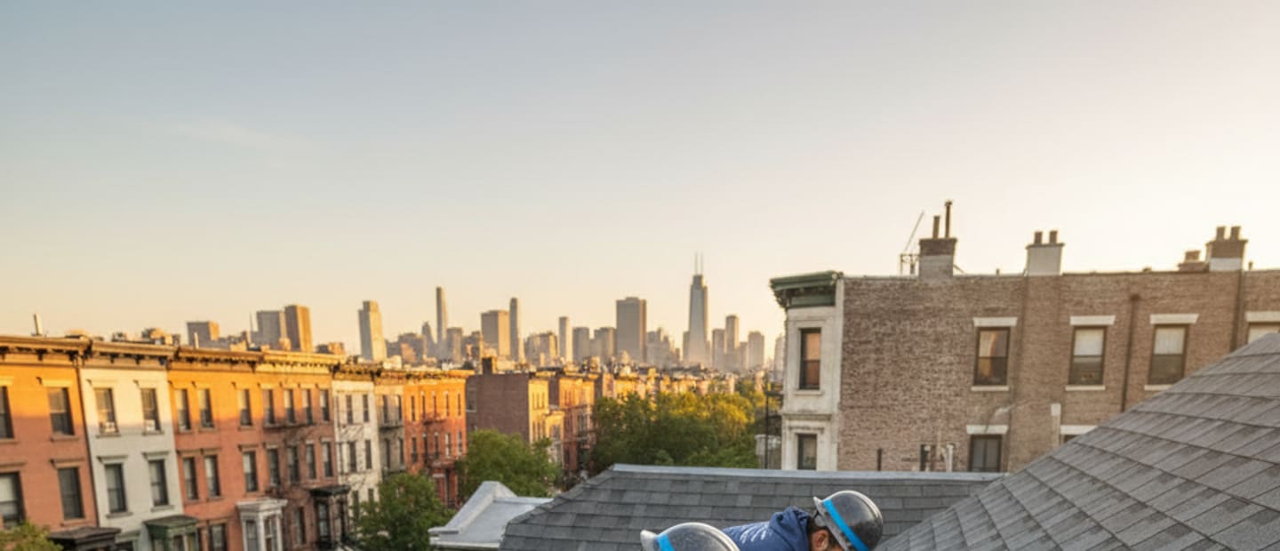 Roofer performs detailed roof repair on a Brooklyn home with city skyline, showing professional craftsmanship.