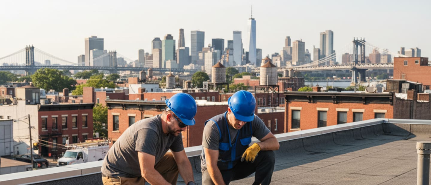 Panoramic view of the Williamsburg, Brooklyn skyline with a prominent, well-maintained roof in the foreground.