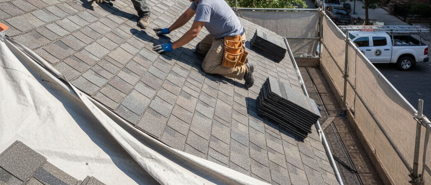 A newly replaced shingle roof on a classic brownstone home in Bedford-Stuyvesant, Brooklyn, under a clear sky.
