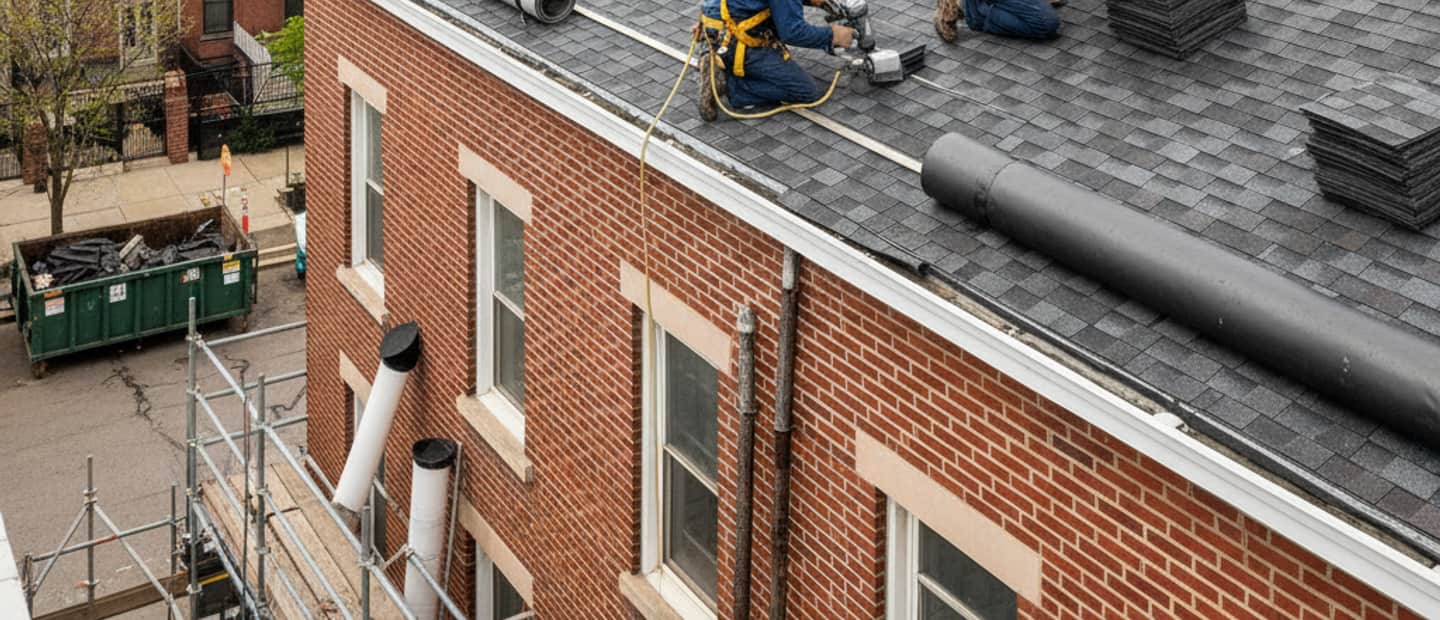 Skilled roofer installs new roofing materials on a home in East Williamsburg, with Brooklyn cityscape.