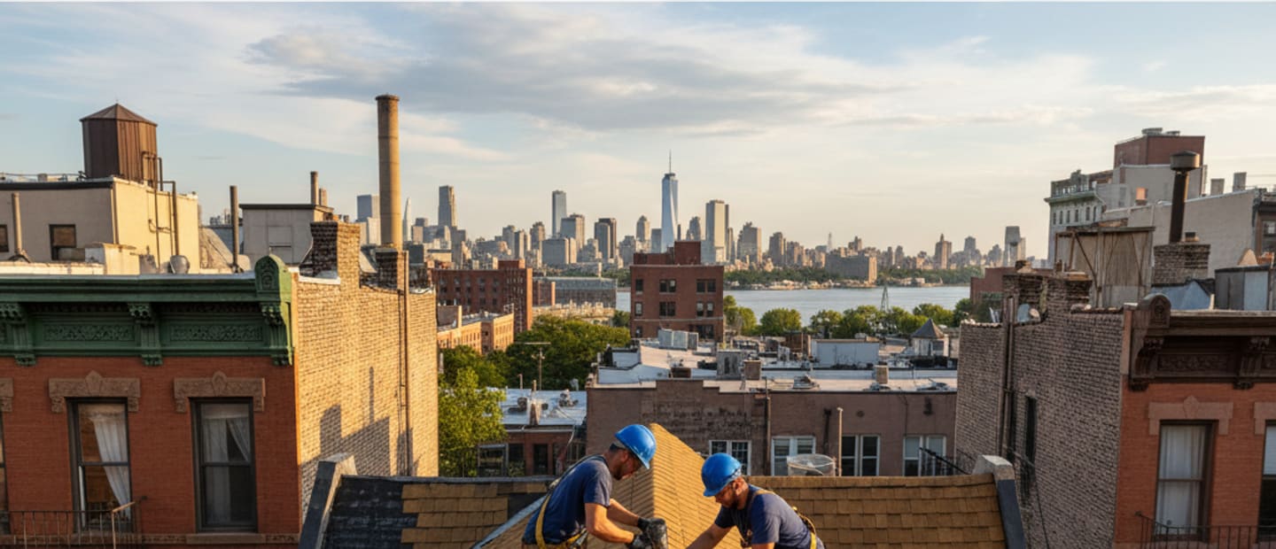 A professional roofing crew installing a new roof on a Greenpoint home, ensuring superior protection.