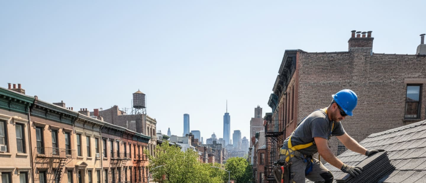 Newly installed architectural shingle roof on a Brooklyn home under a clear sky.