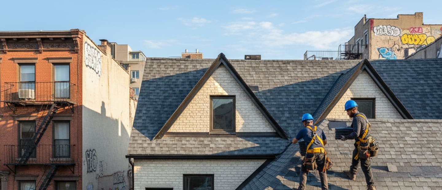 Modern home with new shingle roofing in Bushwick, Brooklyn, under a clear sky.