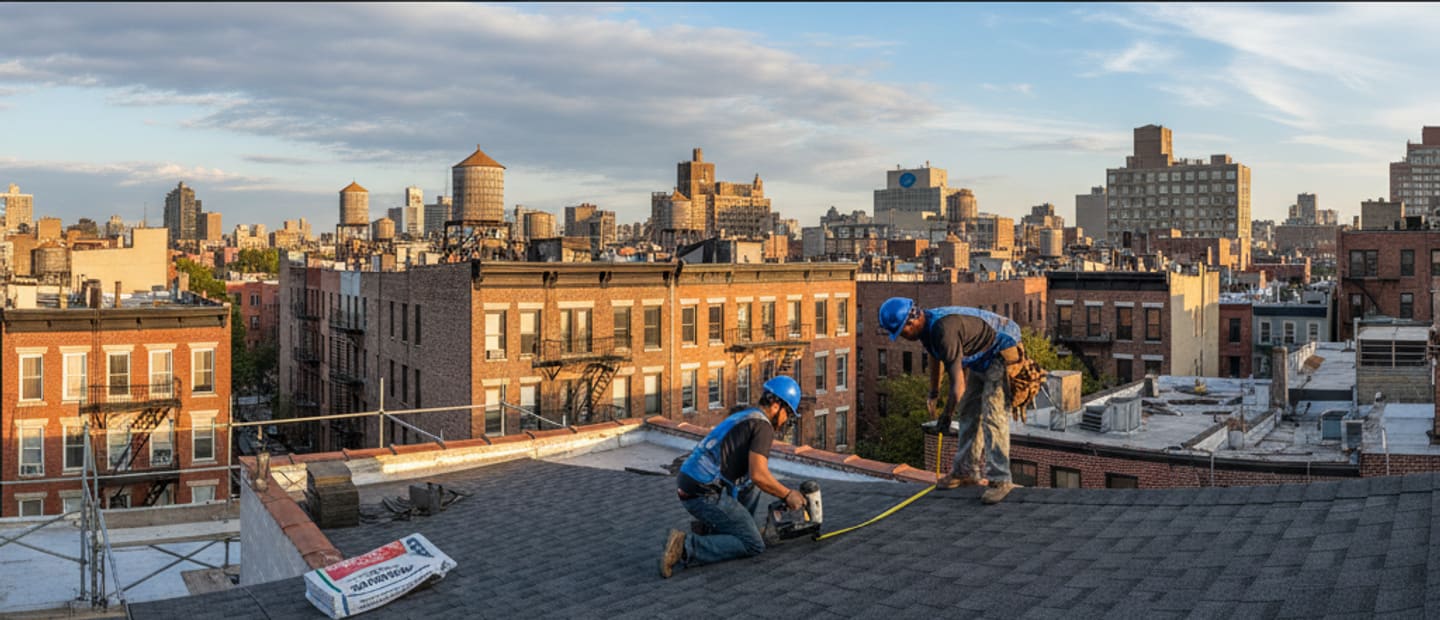 Panoramic view of a vibrant East Williamsburg neighborhood, featuring a newly installed shingle roof.