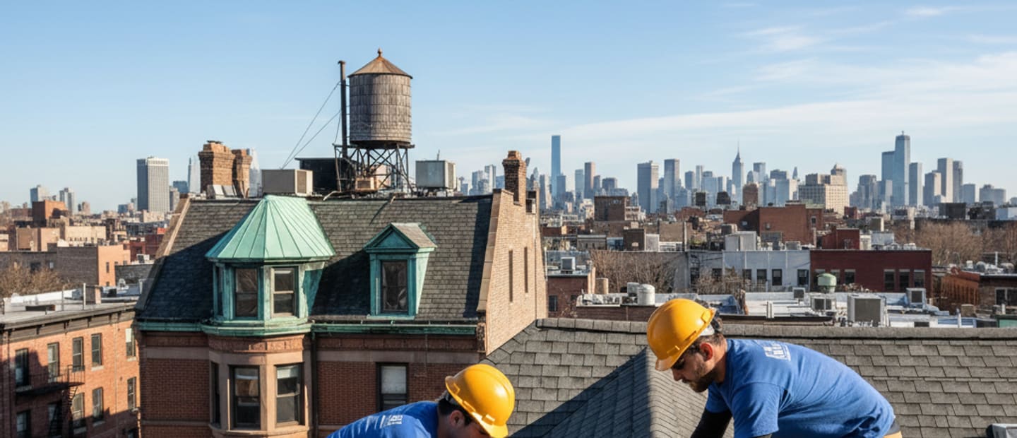 A view of Greenpoint, Brooklyn, showing residential buildings with durable shingle roofs under a clear sky.