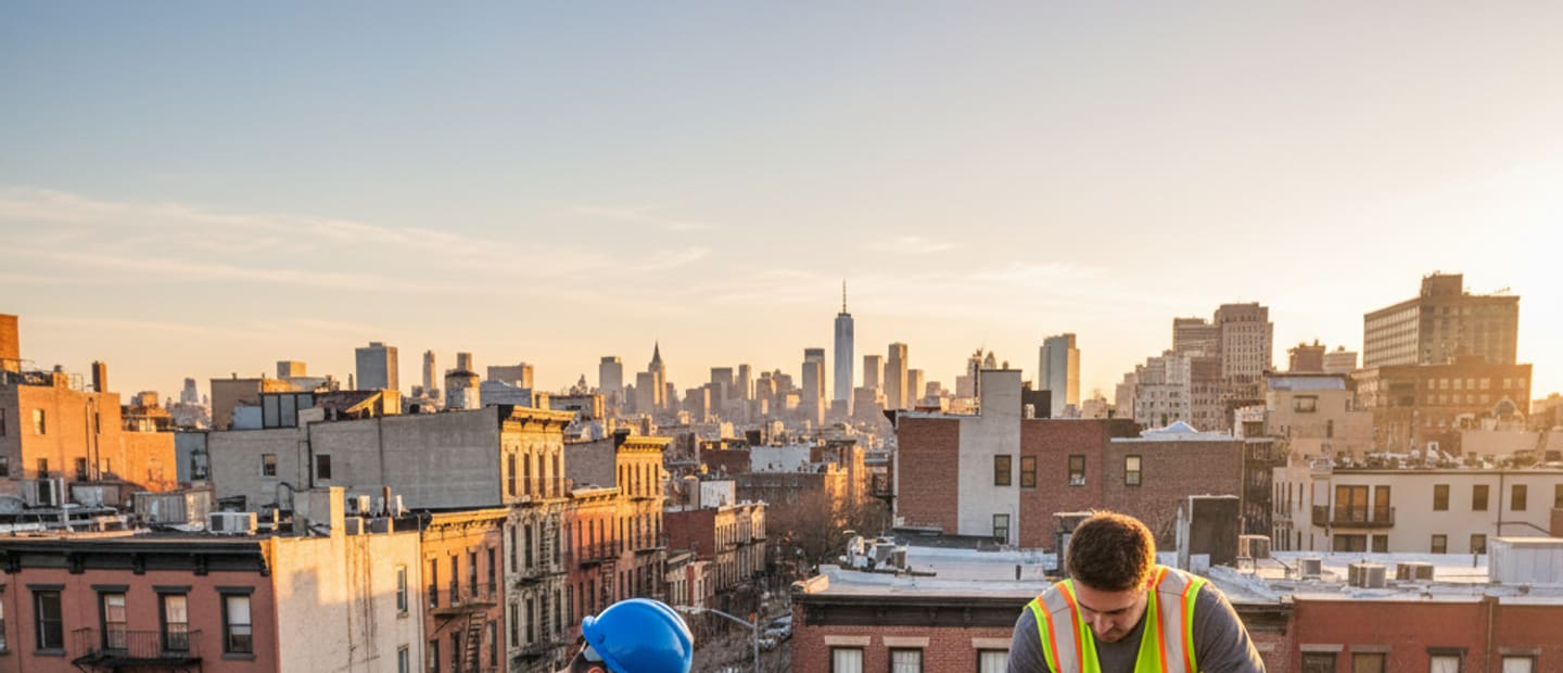 Residential shingle roof in Williamsburg with Brooklyn skyline, showcasing our local expertise for durable roofing.