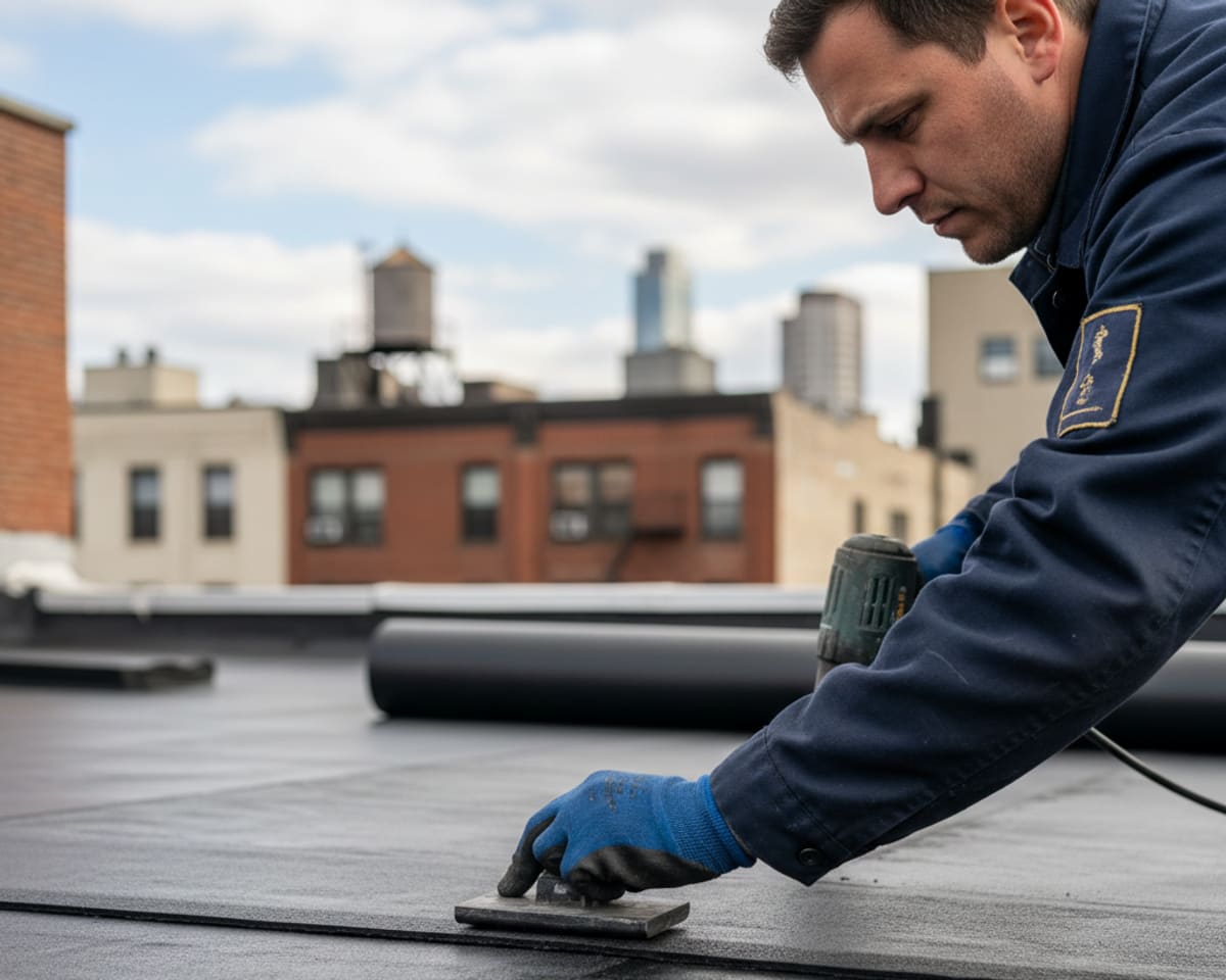 A roofer precisely applies EPDM roofing membrane, showcasing quality flat roof repair work.