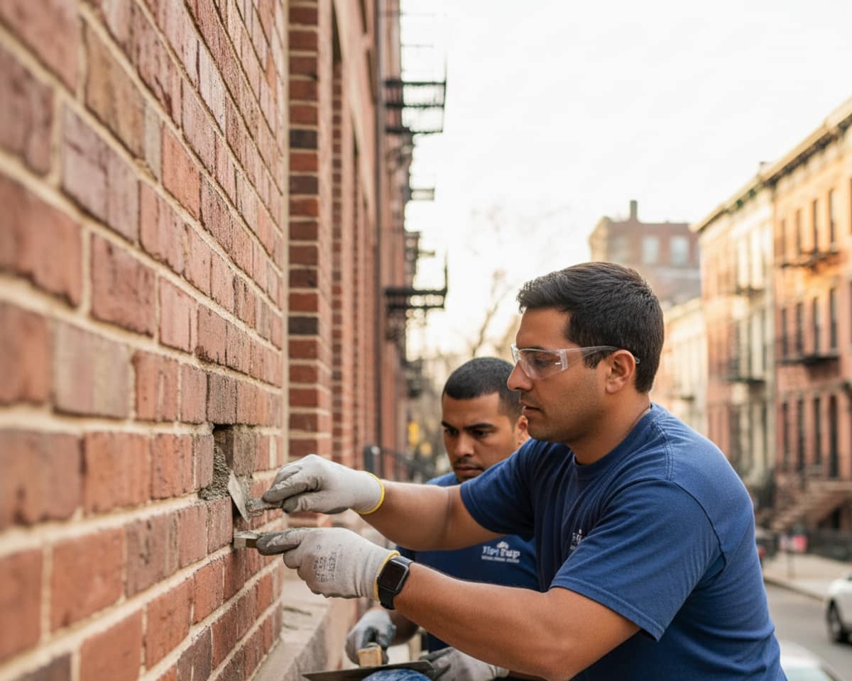 Close-up of freshly repaired brickwork on a historic building facade, showcasing thorough brick repair.