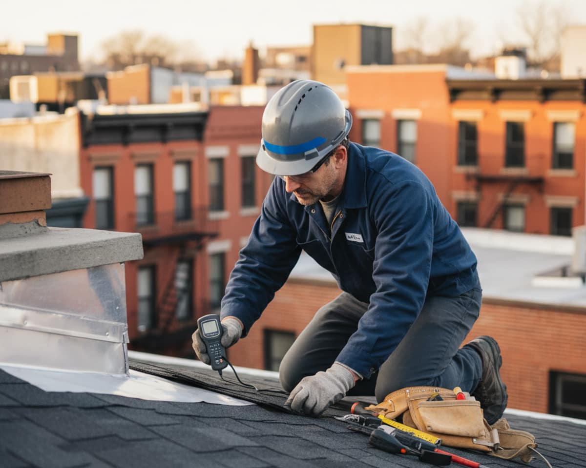 Close-up of a roofing expert examining shingles and flashing during a thorough roof inspection.