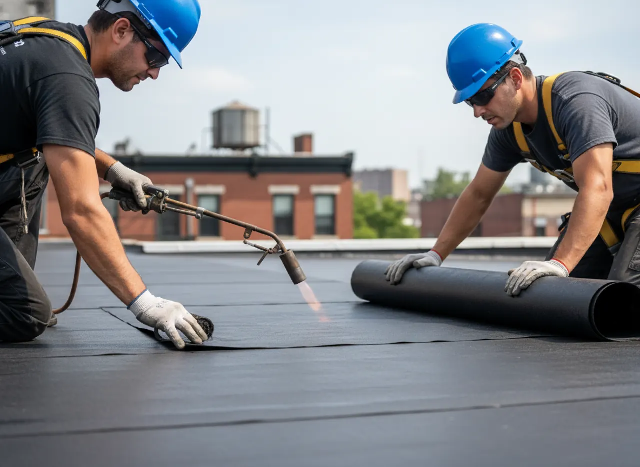 TipTop Roofing Williamsburg pros installing a flat roof, carefully applying new membrane with proper safety gear.