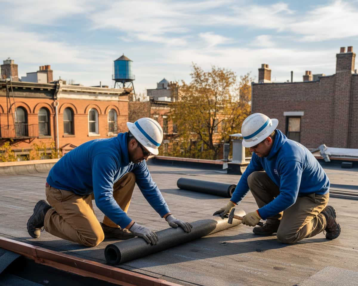 Roofing crew placing underlayment and starter strips during new roof installation, showing preparation for...