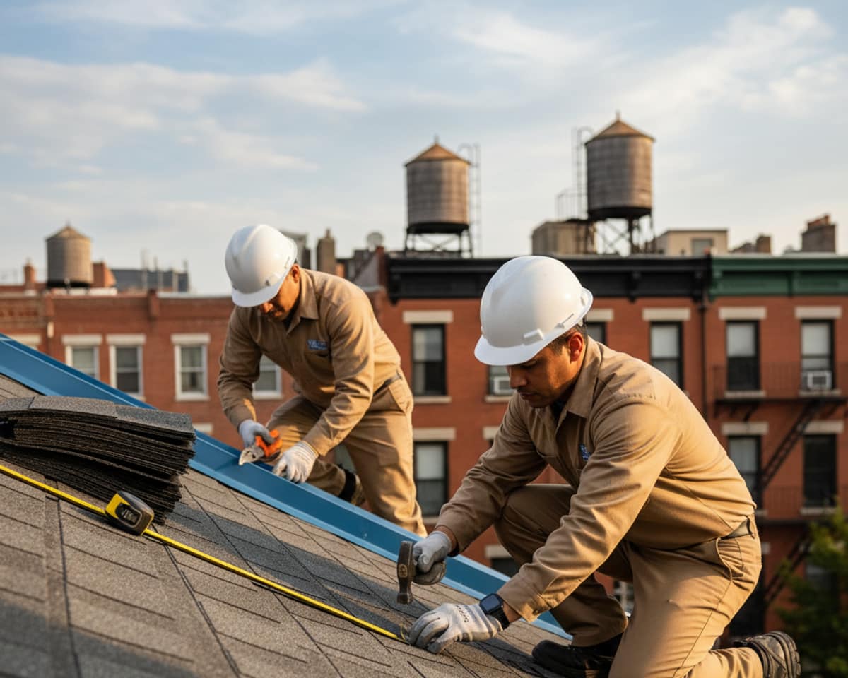 Skilled roofers carefully laying asphalt shingles during a new roof installation, showcasing thorough workmanship.