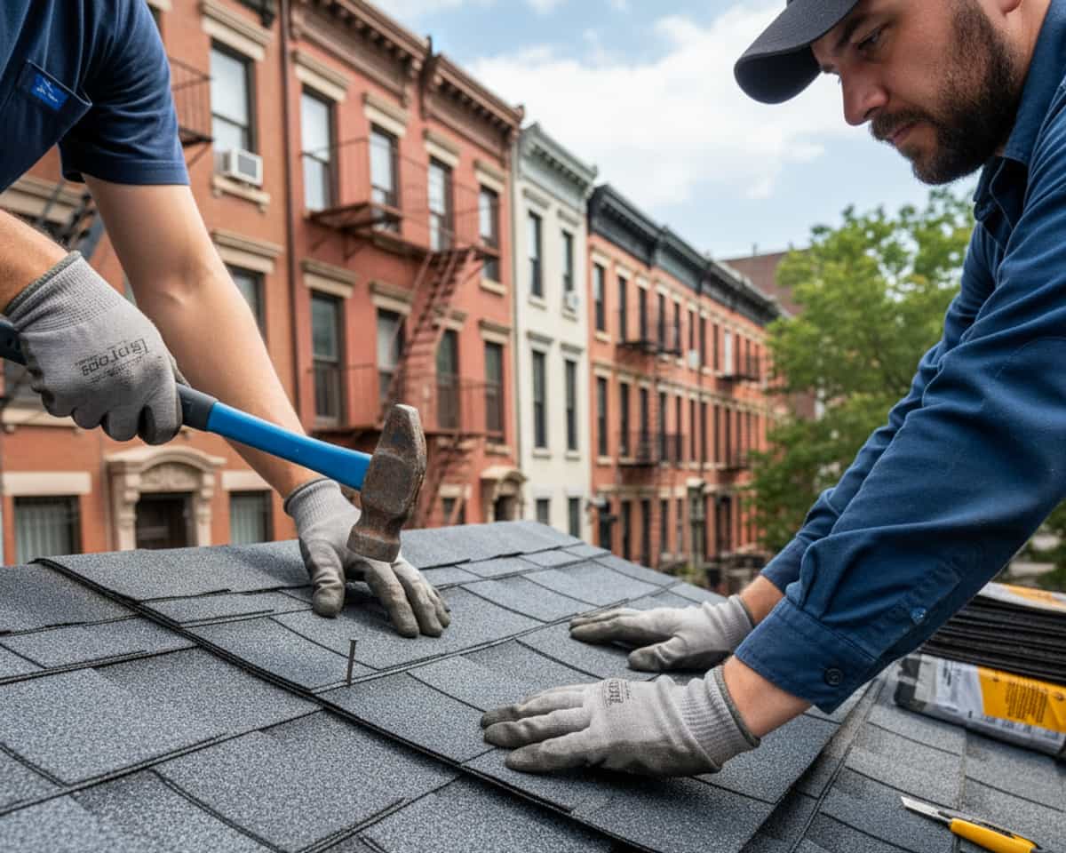 Skilled roofers carefully installing asphalt shingles on a residential roof in Brooklyn.